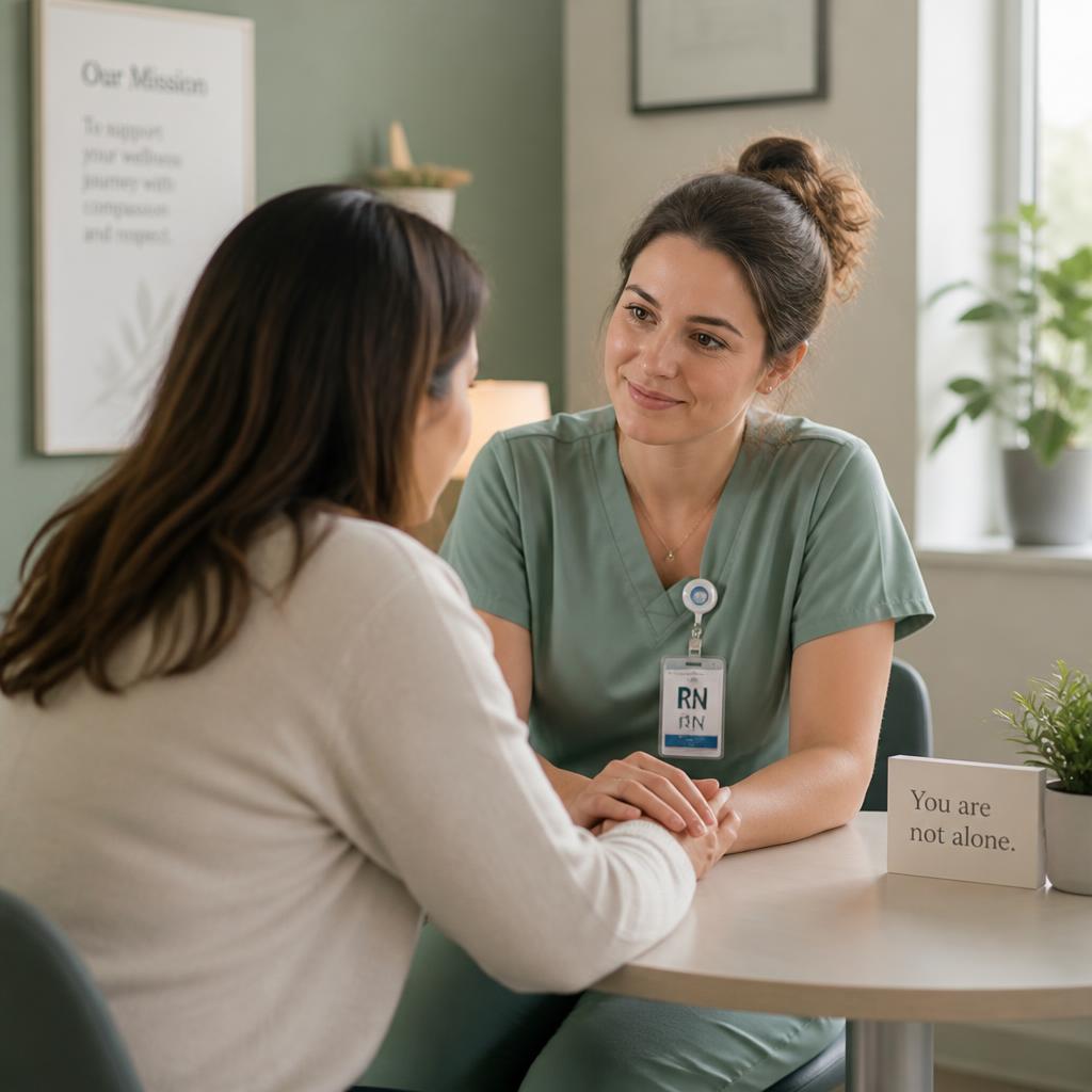 A nurse reassuring a patient during a warm one-on-one consultation
